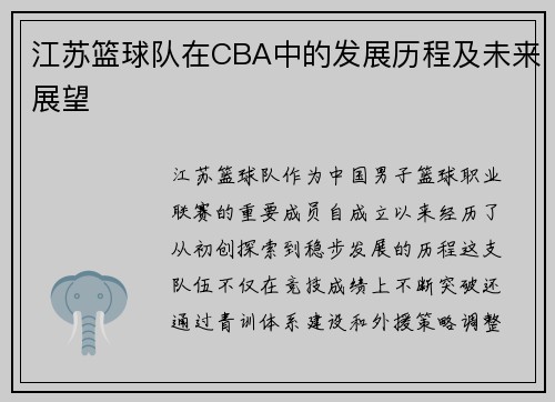 江苏篮球队在CBA中的发展历程及未来展望
