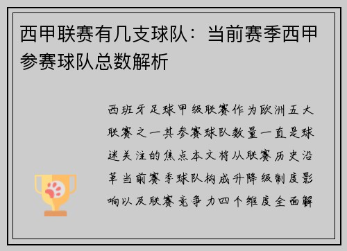 西甲联赛有几支球队：当前赛季西甲参赛球队总数解析